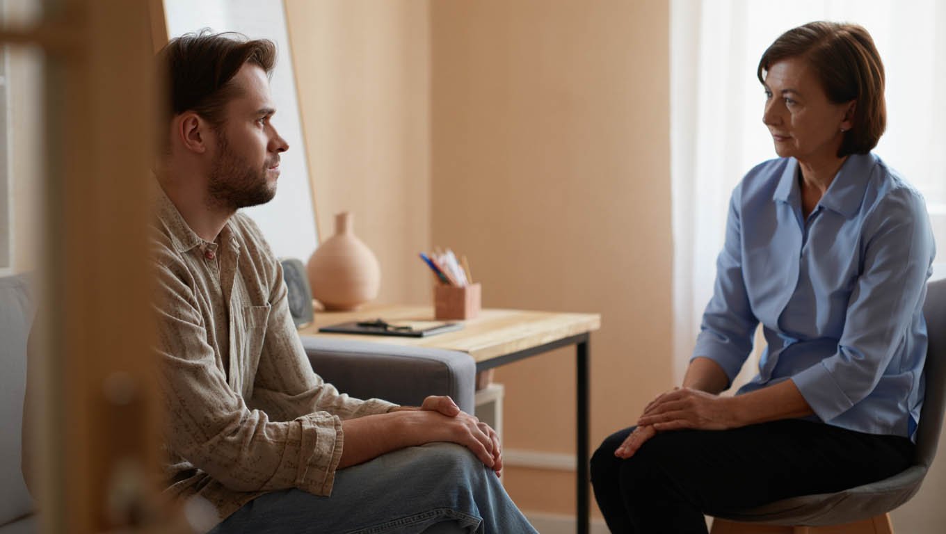 Мужчина разговаривает с врачом психотерапевтом